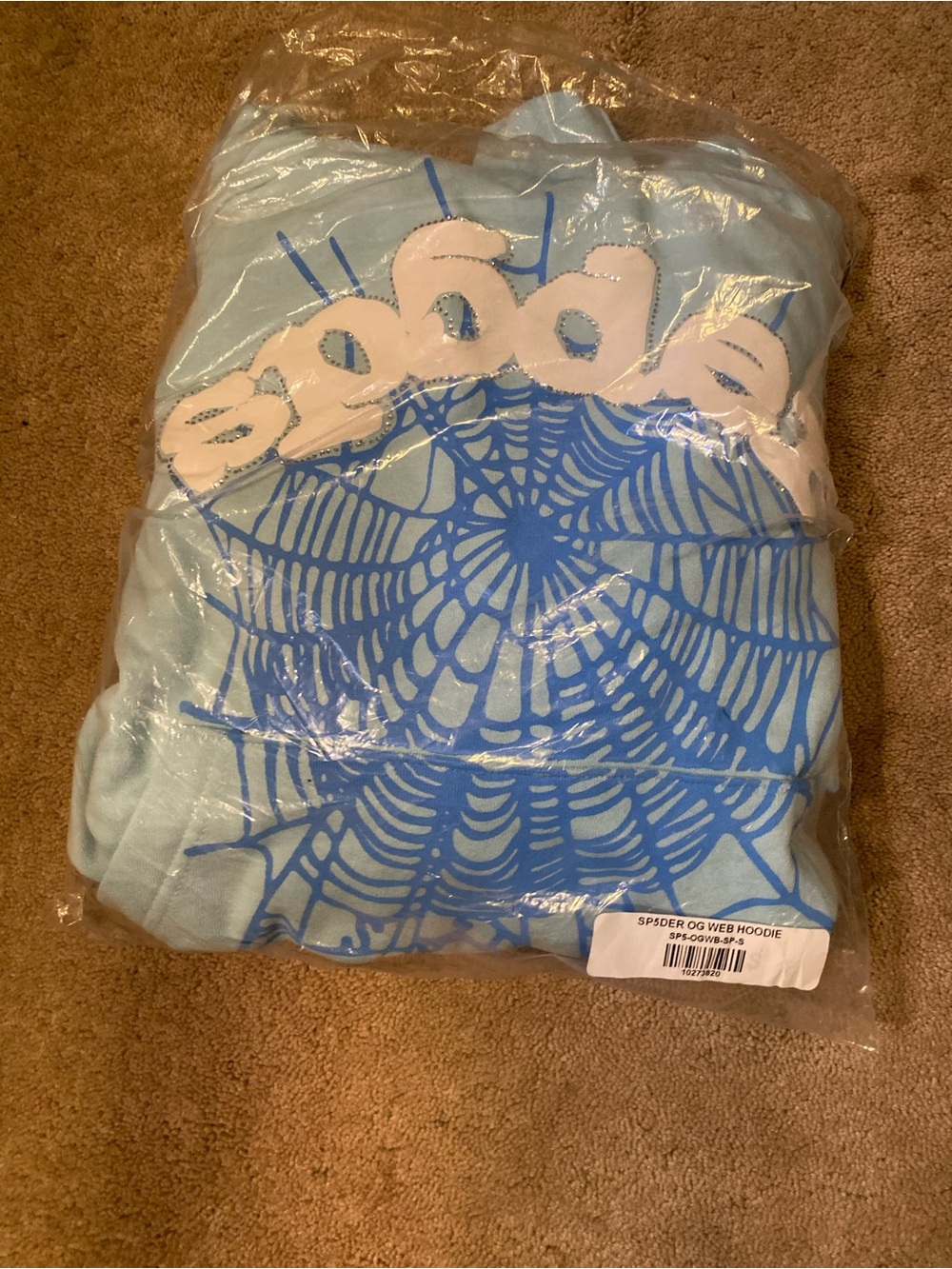 Light Blue Kids Puffer Hoodie with Web Graphic